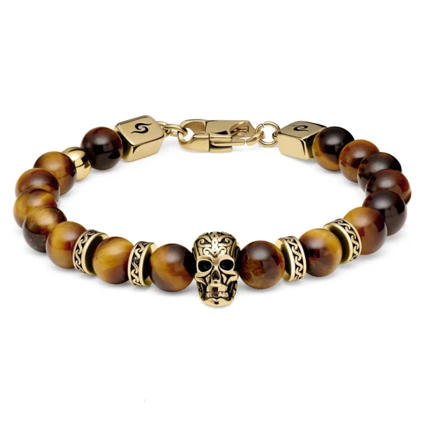 Arkai Bracelets Dorés Rico En Pierre De Lave, Oeil De Tigre Et Pendentif Crâne 5