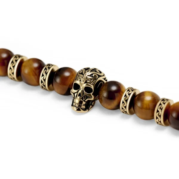 Arkai Bracelets Dorés Rico En Pierre De Lave, Oeil De Tigre Et Pendentif Crâne 4