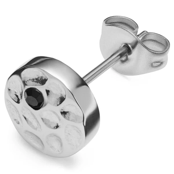 Arkai Orphic | Clou D’oreille En Acier Inoxydable Argenté à Finition Martelée Avec Zircone Noire – 8 Mm 1