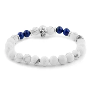 Neshraw Bracelet Blanc Avec Tête De Mort Argentée 8