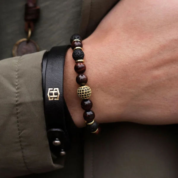 Neshraw Bracelet Royal En Pierres De Lave – Noir, Marron Et Doré 4