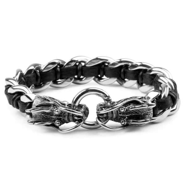Fort Tempus Bracelet Double Dragon En Cuir Et En Acier 1