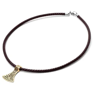 Fort Tempus Collier En Cuir Marron Et Hache Nordique Dorée 9