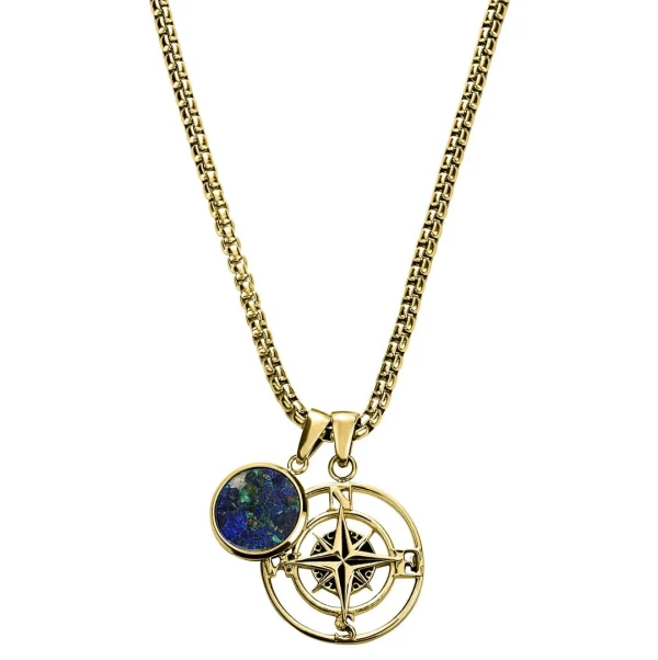 Arkai Atlas | Collier Doré à Pendentif Boussole Et Pierre D’azurite Et Malachite 1