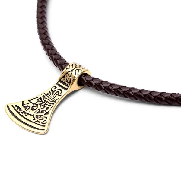 Fort Tempus Collier En Cuir Marron Et Hache Nordique Dorée 3