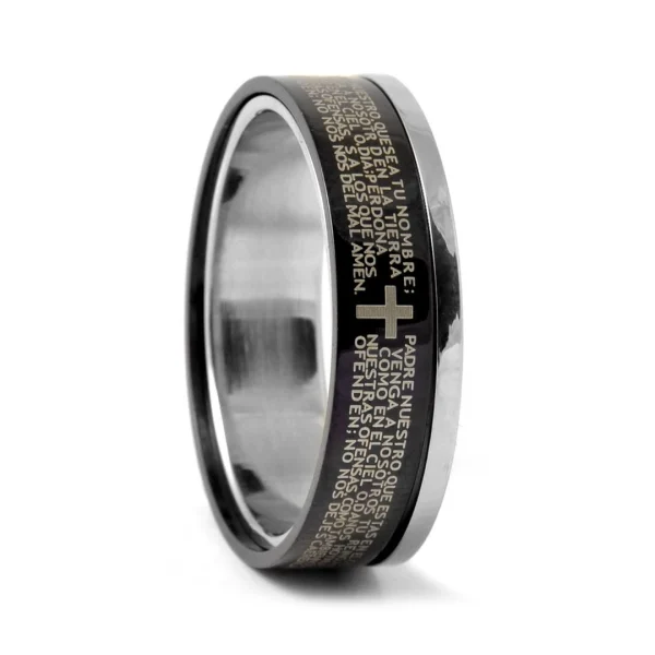 Fort Tempus Anneau En Acier Noir Et Argent « Le Notre Père » 1