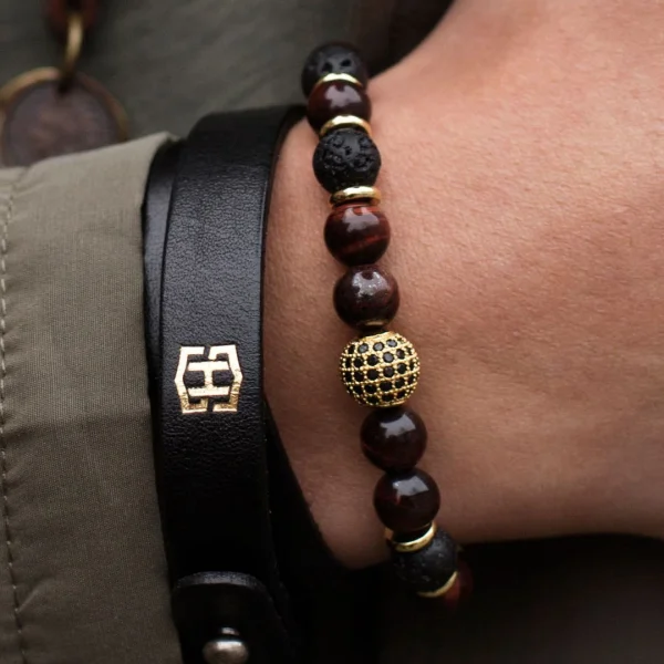 Neshraw Bracelet Royal En Pierres De Lave – Noir, Marron Et Doré 6