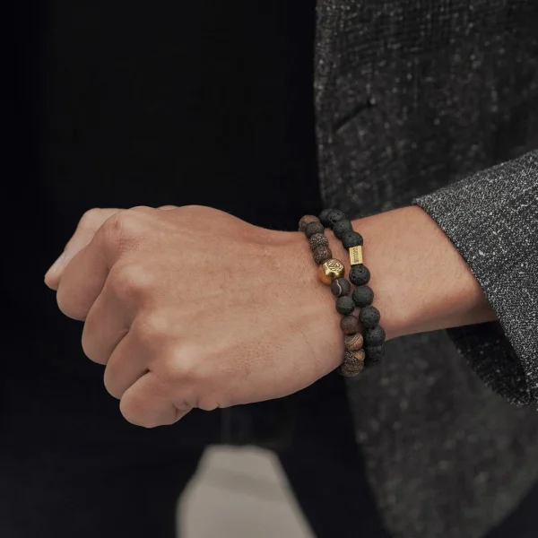 Lucleon Bracelet Agates Marron Et Pierres De Lave Noire 4
