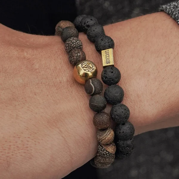 Lucleon Bracelet Agates Marron Et Pierres De Lave Noire 5