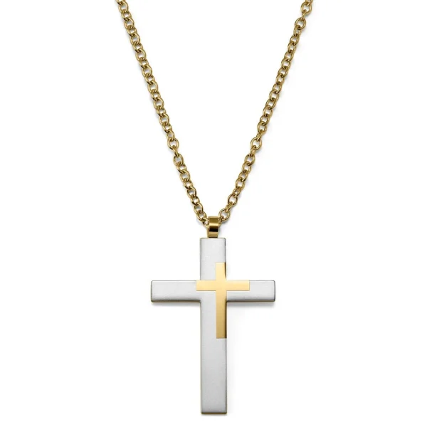 Lucleon Collier à Grand Pendentif Croix En Acier Doré & Argenté 1