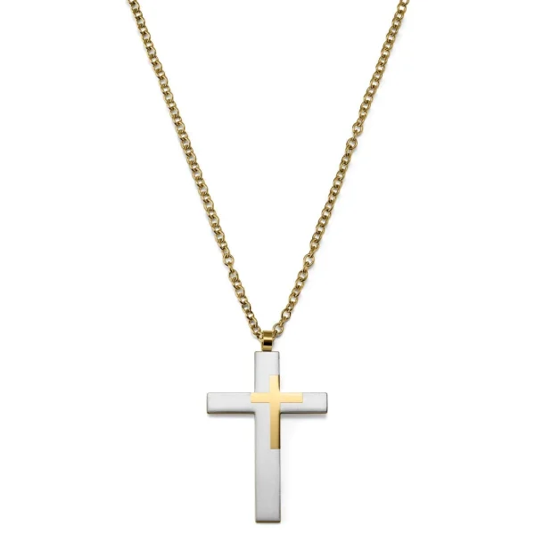 Lucleon Collier à Grand Pendentif Croix En Acier Doré & Argenté 4