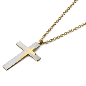 Lucleon Collier à Grand Pendentif Croix En Acier Doré & Argenté 10