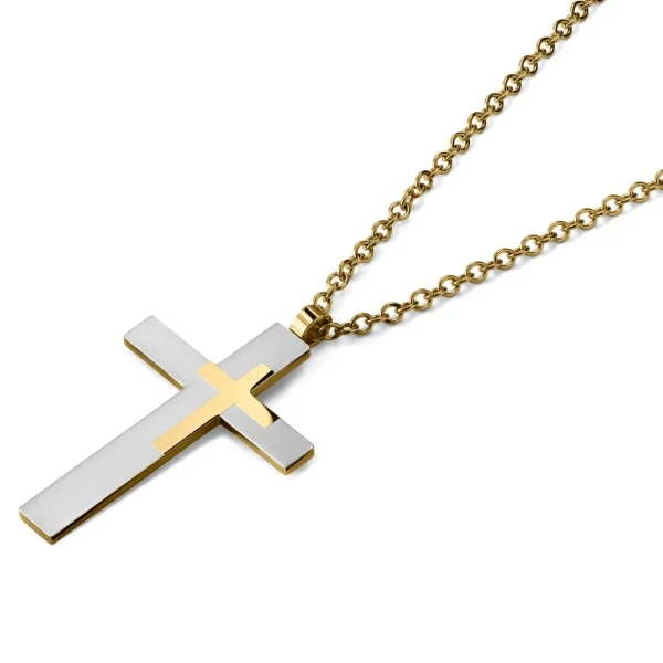 Lucleon Collier à Grand Pendentif Croix En Acier Doré & Argenté 3