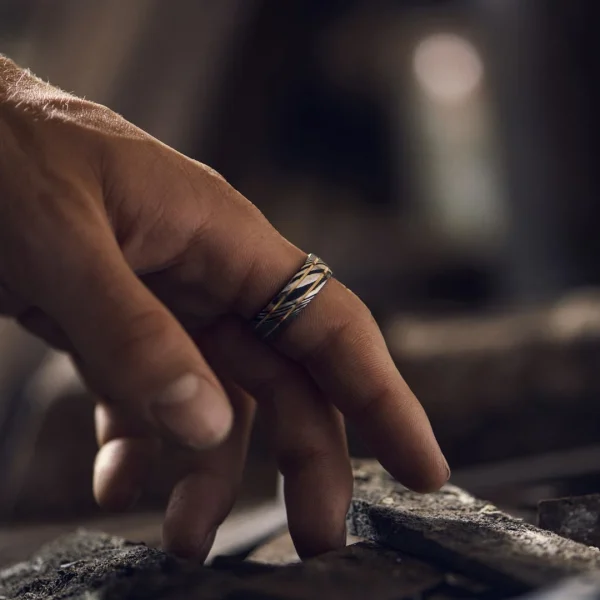 Lucleon Fortis | Bague En Acier Damas Et En Titane Bleu à Double Cannelure – 7 Mm 5