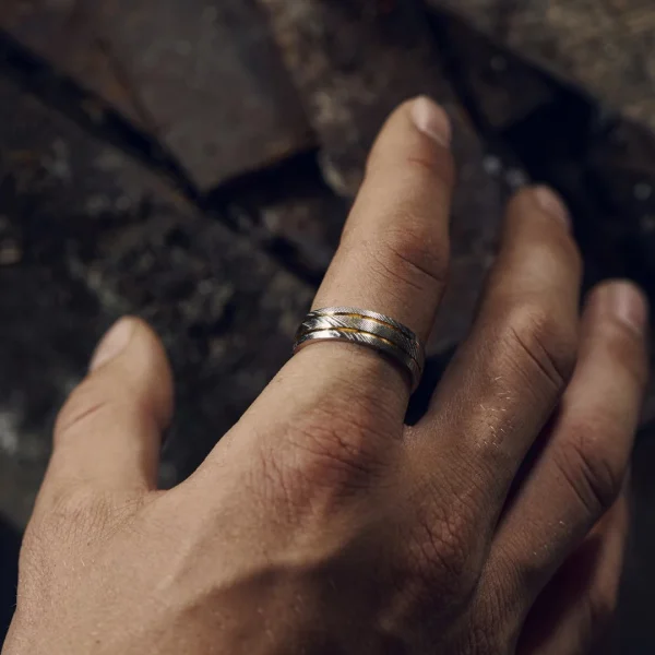 Lucleon Fortis | Bague En Acier Damas Et En Titane Bleu à Double Cannelure – 7 Mm 4