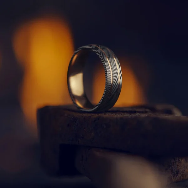 Lucleon Fortis | Bague En Acier Damas Couleur Gris Et Gunmetal Et En Titane Couleur Or Rose à Double Cannelure – 7 Mm 3