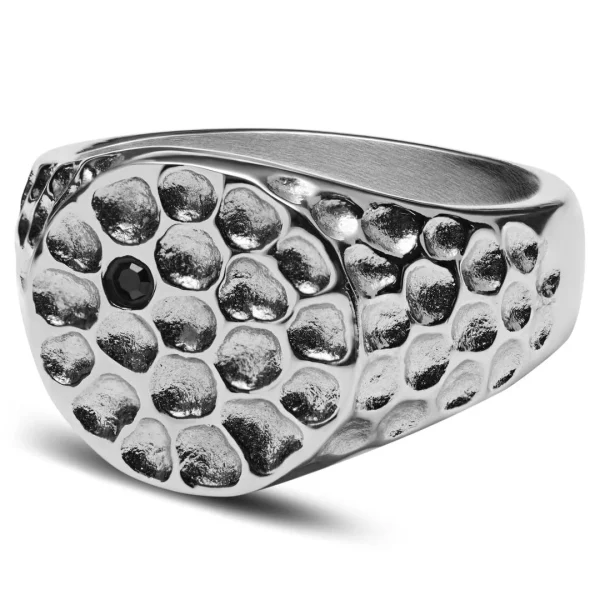 Arkai Orphic | Chevalière En Acier Inoxydable Argenté Martelé Avec Zircone Noire 1