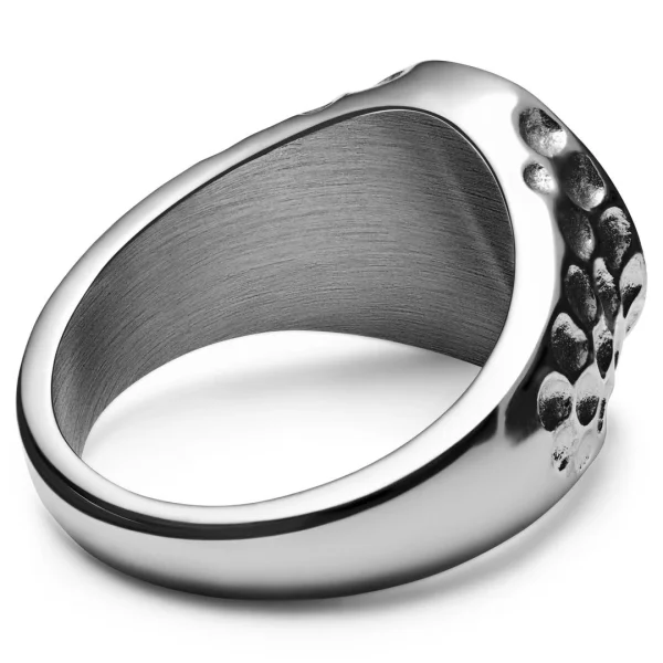 Arkai Orphic | Chevalière En Acier Inoxydable Argenté Martelé Avec Zircone Noire 6