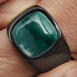 Lucleon Bague Len Gravel Couleur Gunmetal Avec Pierre D’agate Mousse 16