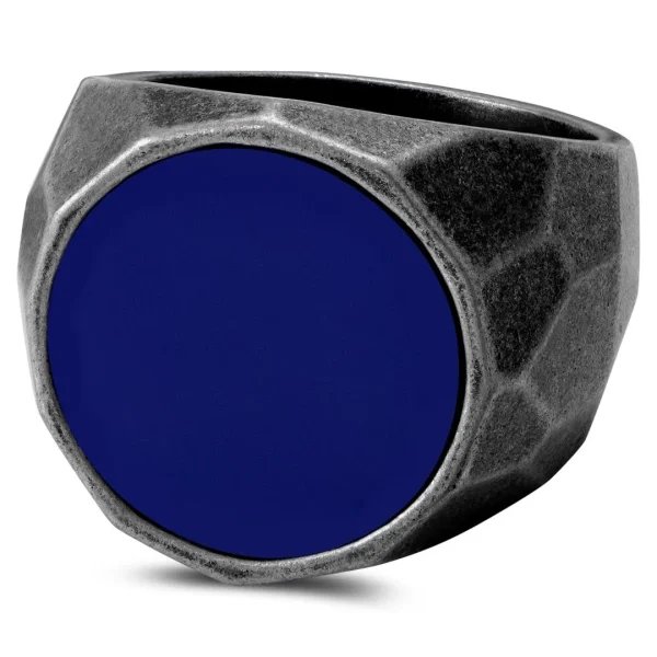 Moody Mason Chevalière En Acier Gris Foncé Et Pierre Bleue Jax 1