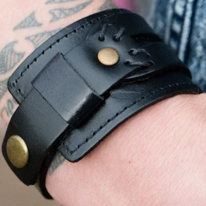 Collin Rowe Bracelet Large En Cuir Noir à 2 Bandes 18