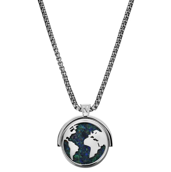 Arkai Atlas | Collier En Acier Inoxydable Argenté à Pendentif Rotatif Mappemonde En Azurite Et Malachite 1