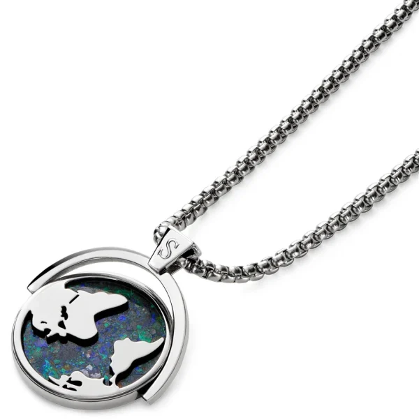 Arkai Atlas | Collier En Acier Inoxydable Argenté à Pendentif Rotatif Mappemonde En Azurite Et Malachite 7