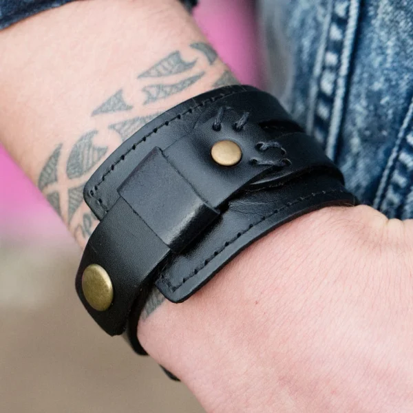 Collin Rowe Bracelet Large En Cuir Noir à 2 Bandes 5