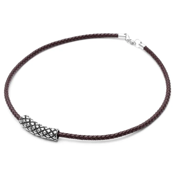 Fort Tempus Collier En Cuir Marron Et Pendentif Acier Quadrillage 4