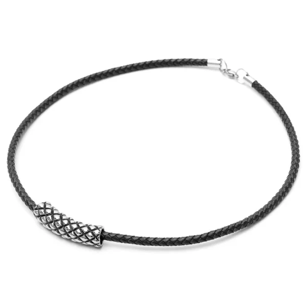 Fort Tempus Collier En Cuir Noir Et Pendentif Gravé Quadrillage 5