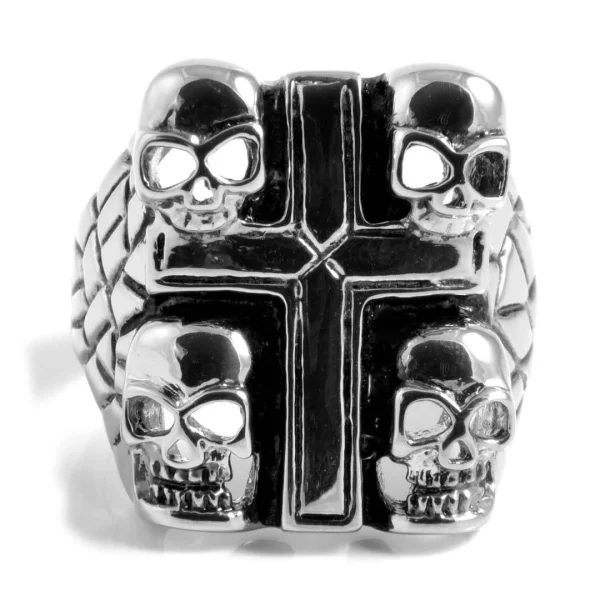 SteelCZ Bague En Acier Croix Et Têtes De Mort 3