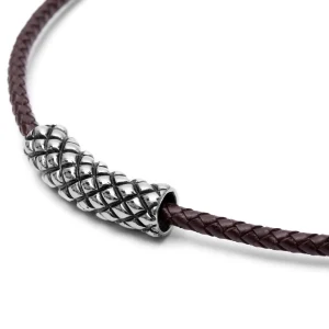 Fort Tempus Collier En Cuir Marron Et Pendentif Acier Quadrillage 8