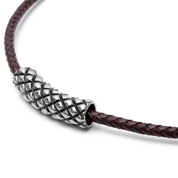 Fort Tempus Collier En Cuir Marron Et Pendentif Acier Quadrillage 3