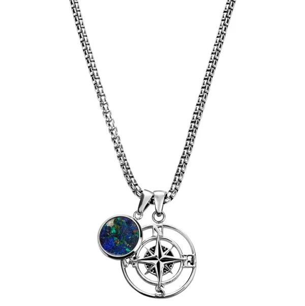 Arkai Atlas | Collier Argenté à Pendentif Boussole Et Pierre D’azurite Et Malachite 1