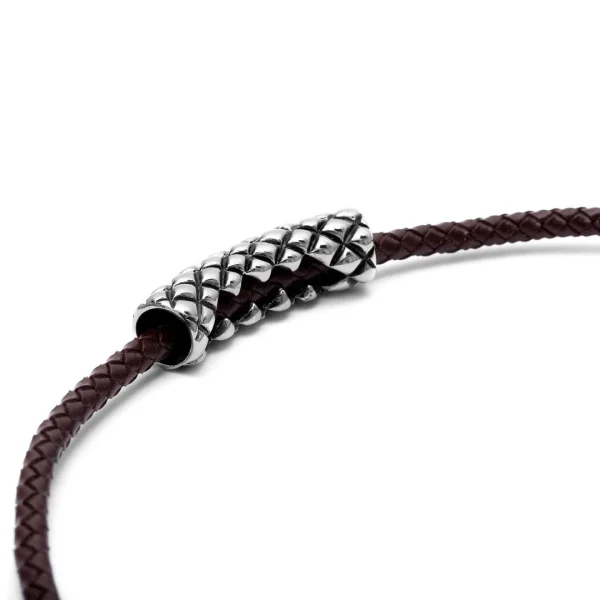 Fort Tempus Collier En Cuir Marron Et Pendentif Acier Quadrillage 5