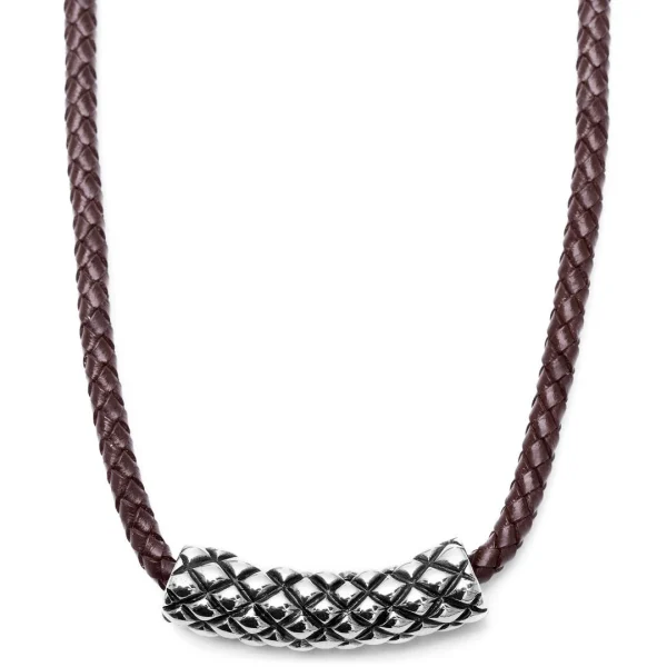 Fort Tempus Collier En Cuir Marron Et Pendentif Acier Quadrillage 1