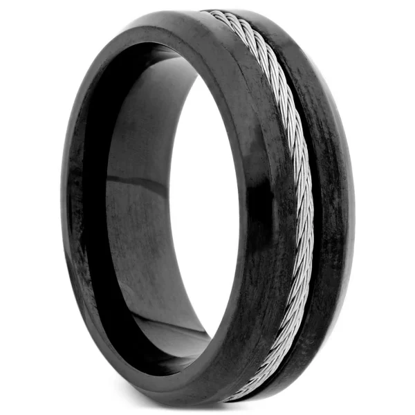 Lucleon Anneau Noir Serti D’un Câble En Métal Argenté 1