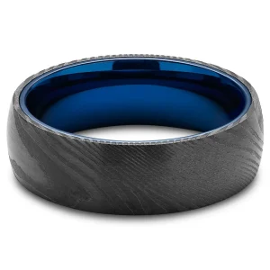 Lucleon Fortis | Bague En Acier Damas Couleur Gunmetal Et Titane Bleu – 7 Mm 7