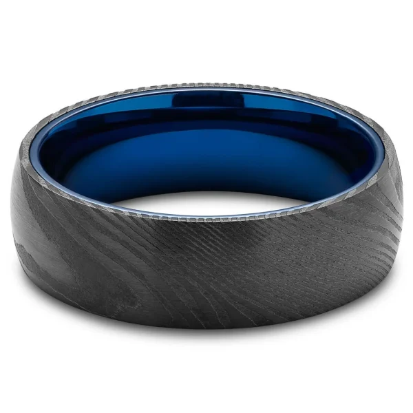 Lucleon Fortis | Bague En Acier Damas Couleur Gunmetal Et Titane Bleu – 7 Mm 3