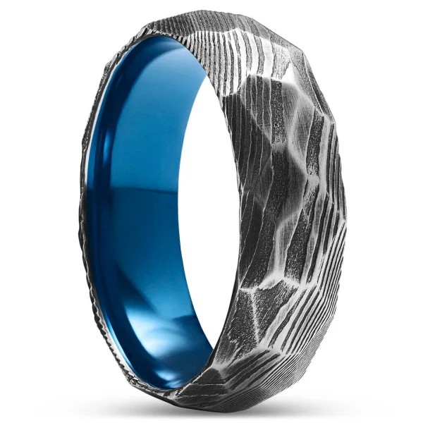 Lucleon Fortis | Anneau à Facettes En Acier Damas Gris Gunmetal Et Titane Bleu – 7 Mm 1