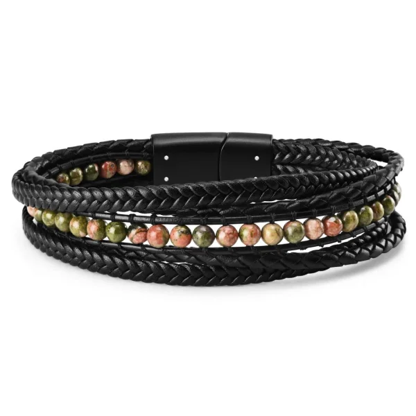 Lucleon Bracelet Naxos En Cuir Noir Et Pierres Unakite Vertes 6