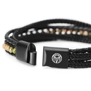Lucleon Bracelet Naxos En Cuir Noir Et Pierres Unakite Vertes 18