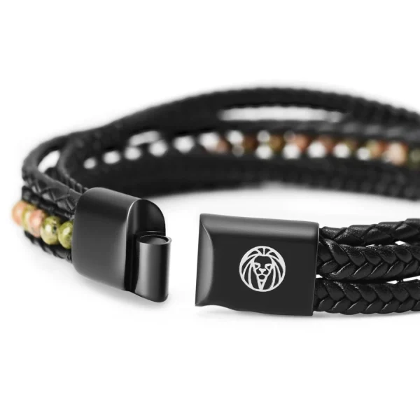 Lucleon Bracelet Naxos En Cuir Noir Et Pierres Unakite Vertes 7
