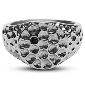 Arkai Orphic | Chevalière En Acier Inoxydable Argenté Martelé Avec Zircone Noire 14