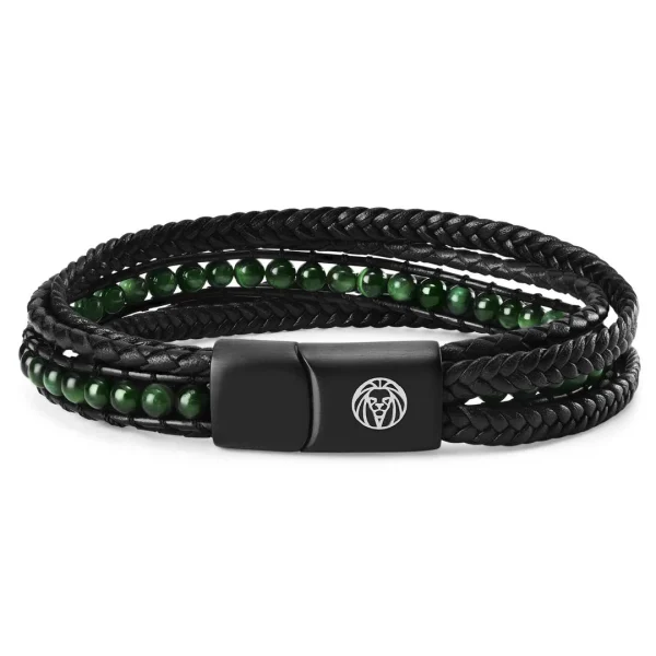 Lucleon Bracelet Naxos En Cuir Noir Et Oeils De Tigre Verts 1