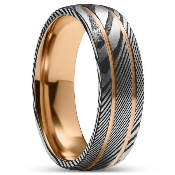Lucleon Fortis | Bague En Acier Damas Couleur Gris Et Gunmetal Et En Titane Couleur Or Rose à Double Cannelure – 7 Mm 1