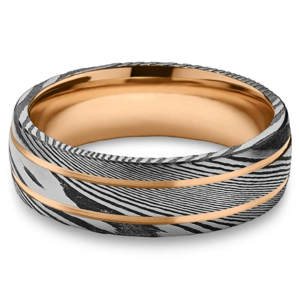 Lucleon Fortis | Bague En Acier Damas Couleur Gris Et Gunmetal Et En Titane Couleur Or Rose à Double Cannelure – 7 Mm 7