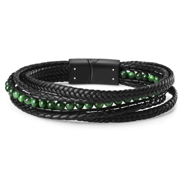 Lucleon Bracelet Naxos En Cuir Noir Et Oeils De Tigre Verts 6