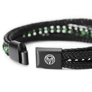Lucleon Bracelet Naxos En Cuir Noir Et Oeils De Tigre Verts 18