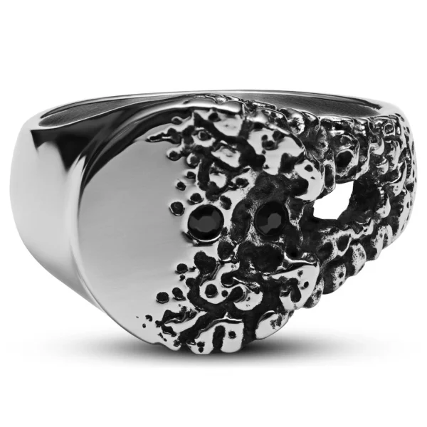 Arkai Orphic | Chevalière En Acier Inoxydable Argenté Avec Zircone Noire Et Motif Volcanique 5